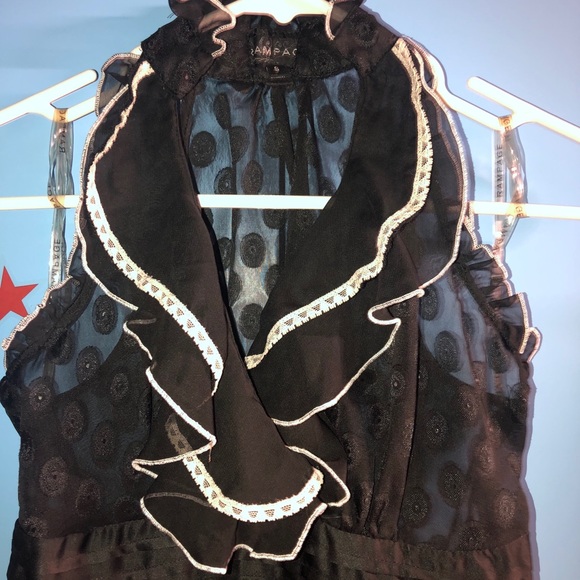 Black see through blouse w/ ruffle in front satin - Picture 3 of 5